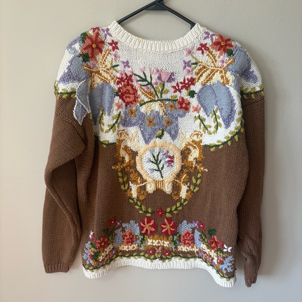 Vintage Brown Floral Embroidered Crewneck Sweater with Cream & Lavender Accents